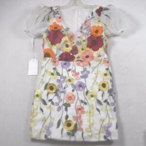 New Fashion Women's 8 Floral Embroidered Mesh Mini Dress White Puff Sleeve NWT